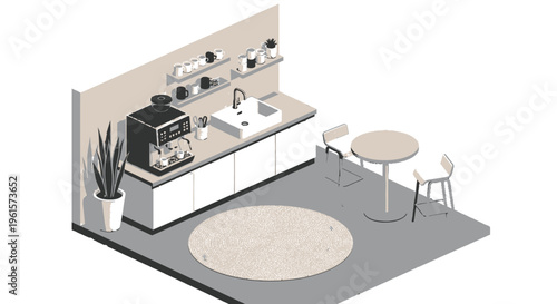Isometric illustration of a modern minimalist kitchen or office breakroom with coffee machine, sink, table, and chairs.