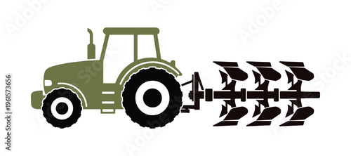 Flat graphic of a tractor with attached plow shown from the side, isolated on white.