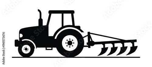 Simple flat vector icon of a tractor with plow in side view isolated on a white background.