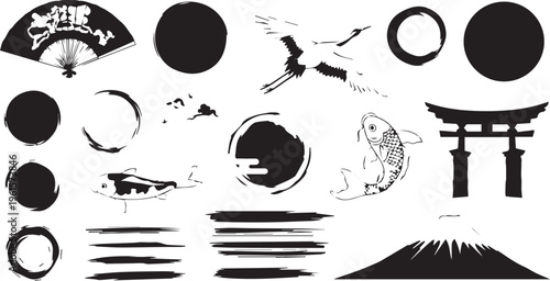 Japanese Traditional Brush Stroke Icons Set - Asian Culture Vector Illustration