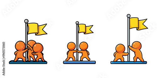 Teamwork Illustration of People Raising a Flag for Success