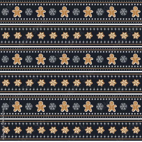 Christmas Cookies Striped Pattern. Seamless Geometric Print with Gingerbread Cookies. Gingerbread Man, Star, Snowflake, Stripe. Christmas Holiday Trendy Background. Vector in Brown White on Dark Blue