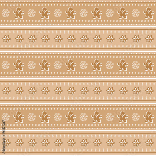 Christmas Cookies Striped Pattern. Seamless Geometric Print with Gingerbread Cookies. Gingerbread Man, Star, Snowflake, Stripe. Christmas Holiday Trendy Background. Vector in Brown White on Caramel Bg