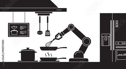 Robot arm cooking in a modern kitchen with utensils