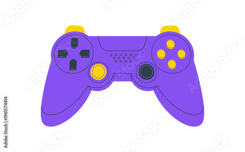 Retro joystick gamepad in flat style with vivid purple and yellow. Vintage controller as iconic gadget, perfect for arcade and videogame concept. Modern video game device for entertainment