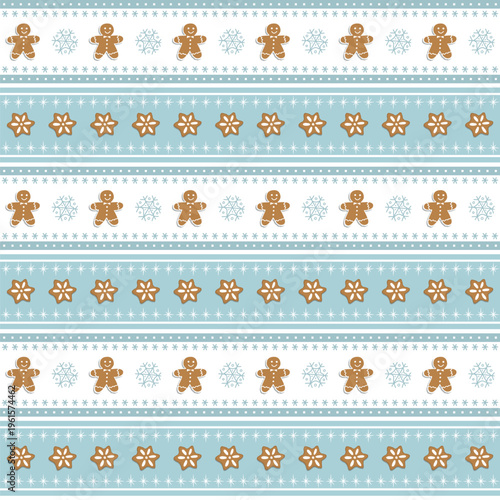 Christmas Cookies Striped Pattern. Seamless Geometric Print with Gingerbread Cookies. Gingerbread Man, Star, Snowflake, Stripe. Christmas Holiday Trendy Background. Vector in Blue White Brown