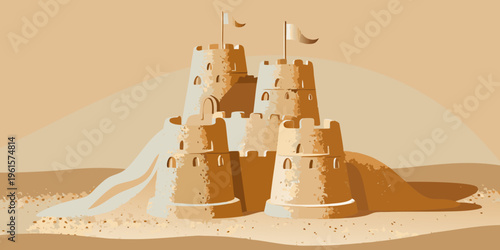 A detailed illustration of a majestic sandcastle with multiple towers