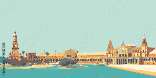 The royal alc zar of seville depicted in a stylized illustration