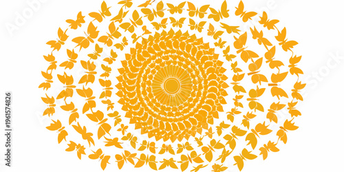 A radiant sunburst pattern created from numerous orange butterflies