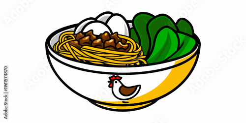 Cartoon illustration of a ramen bowl with toppings and a chicken design