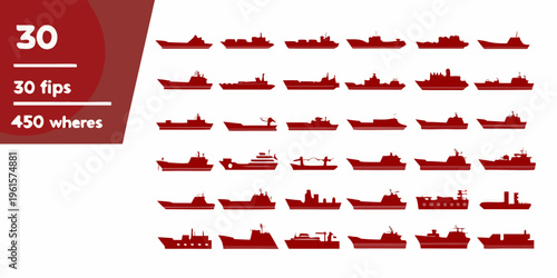 Red silhouettes of various ships and boats with numerical data