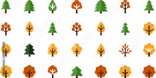 Colorful stylized trees in various autumnal and evergreen forms