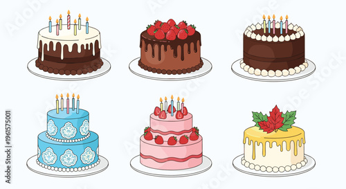Hand drawn birthday cake vector set with chocolate strawberry and vanilla cream celebration cakes in whimsical sketch style