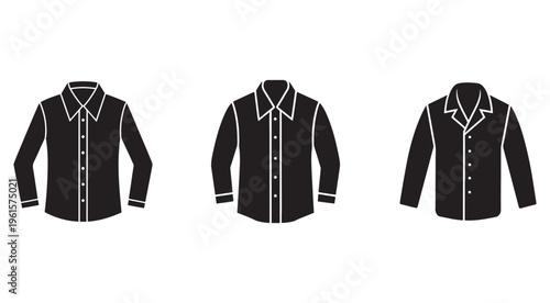 Set of black long sleeve button down shirts with different collar styles  isolated on white background