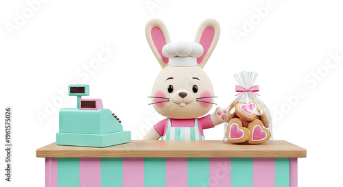 Cartoon Bunny Baker with Heart Cookies and Cash Register