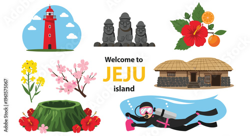 Jeju Island whimsical cartoon travel vector sticker set with Dol Hareubang Haenyeo traditional house and lighthouse icons