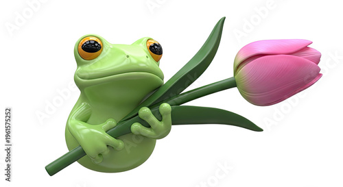 Cartoon frog holding a pink tulip