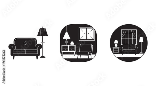 Set of minimalist home interior design elements including sofa lamp chair cabinet and window  modern furniture icons for decoration and architecture