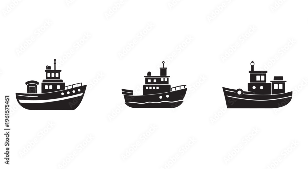Fototapeta premium Set of three black silhouette fishing boats with white accents facing right on transparent background for graphic design