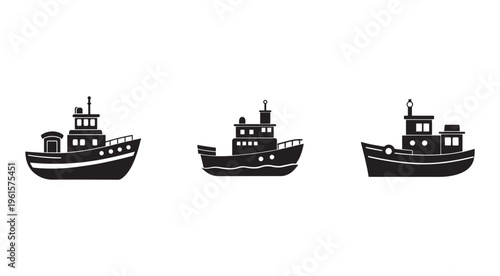 Set of three black silhouette fishing boats with white accents facing right on transparent background for graphic design