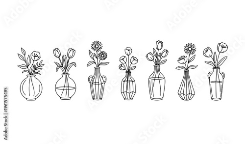 Hand drawn flower vase vector set with minimalist botanical line art and modern floral decor outlines isolated on white