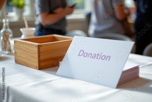 Donation sign on table next to wooden box for collecting charitable contributions.