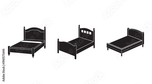 Set of three different black beds with white outlines on a white background  furniture for home and bedroom