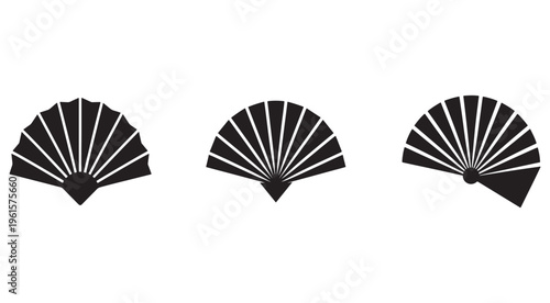 Set of three different black folding hand fans with white lines on white background  various shapes and sizes