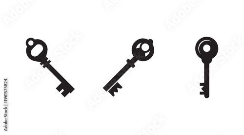 Set of three old skeleton keys with different shapes and sizes isolated on white background for unlocking and access concepts
