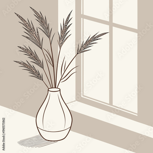 A minimalist line art illustration of a vase with plants on a windowsill