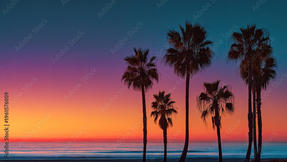 Obraz premium Sunset over the ocean with palm trees