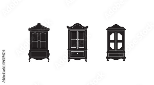 Silhouette of three antique wardrobe armoires with intricate designs and ornate details  furniture icons  home decor elements