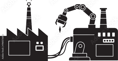 Industrial factory with robotic arm and machinery in operation