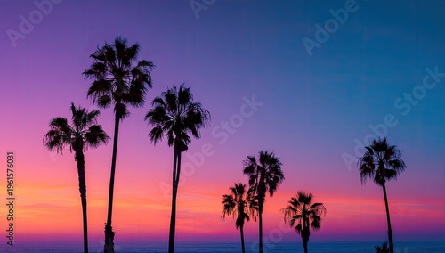 Silhouettes of palm trees at sunset