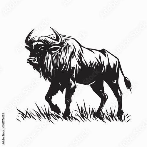 Powerful Wildebeest Walking in African Savannah Silhouette Vector