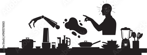 Silhouette of chef cooking with robotic kitchen assistant tools