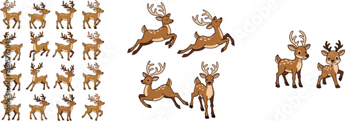 Deer Animation Sprite Sheet Vector Set Featuring Running, Jumping, and Standing Poses of Cartoon Reindeer for Game Design and Motion Graphics