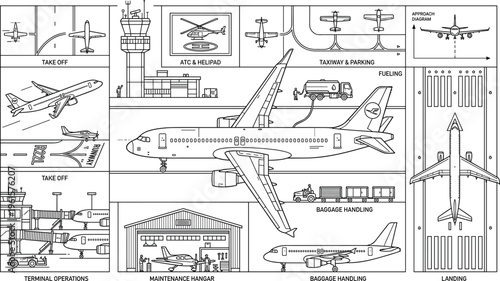 Detailed airport operations illustration, aviation infographic showing aircraft taxiing takeoff landing fueling baggage handling and terminal services in line art style