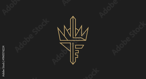 Golden emblem featuring a sword with a crown on a black background
