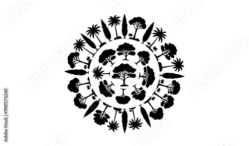 Decorative radial arrangement of diverse tree silhouettes from multiple biomes minimal black vector set isolated on white