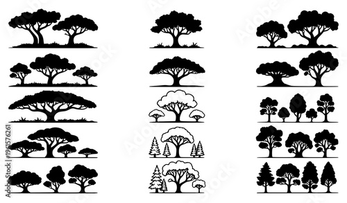 Tree silhouette collection grouped by climate zones including rainforest savanna and conifer forest vector set isolated on white