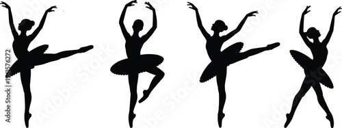 Elegant ballerina silhouettes set, classical ballet dancers performing graceful poses, black vector illustration isolated on white background, dance art designElegant ballerina silhouettes set, classi