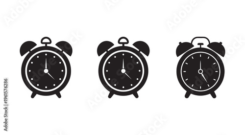 Three black alarm clocks with white details on white background  clock faces with hands and dots  no brand names