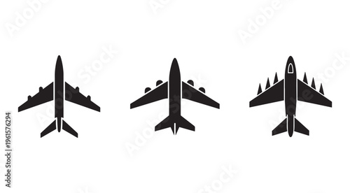 Three black airplane silhouettes in different views on white background  side and front views of commercial airliners