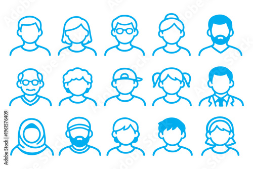 People Avatar Line Editable Icons set. A sleek vector illustration in modern thin line style showcasing diverse portraits by age, gender, and nationality. A solid linear icon ...