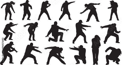 Collection of black silhouettes of people in various poses