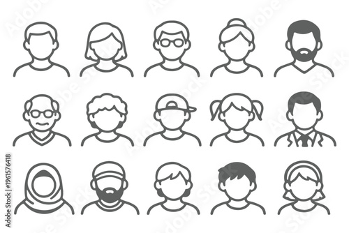 People Avatar Line Editable Icons set. A sleek vector illustration in modern thin line style showcasing diverse portraits by age, gender, and nationality. A solid linear icon ...