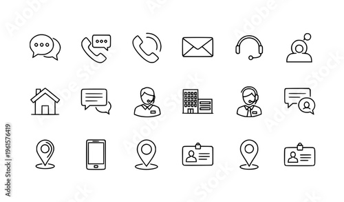 Contact and communication editable stroke line icons set with chat phone support and business symbols vector pack