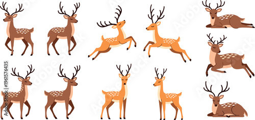 Photography Deer Vector Collection Featuring Different Poses of Wild Animals with Antlers, R