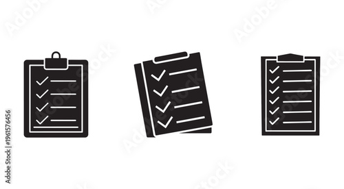 Three black and white clipboard icons with checklists on plain white background for business and organization tasks and todo lists  simple flat design